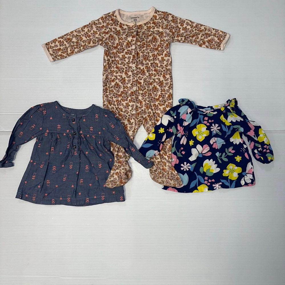 Lot of 3 Baby Girl Carter's 6 Months Floral Sleeper & Tops Bundle Blue Beige
